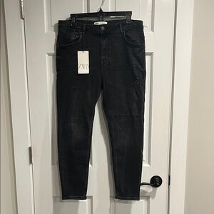Zara Man Deminwear Cropped Tapered Black Distressed Jeans NWT US Size 34